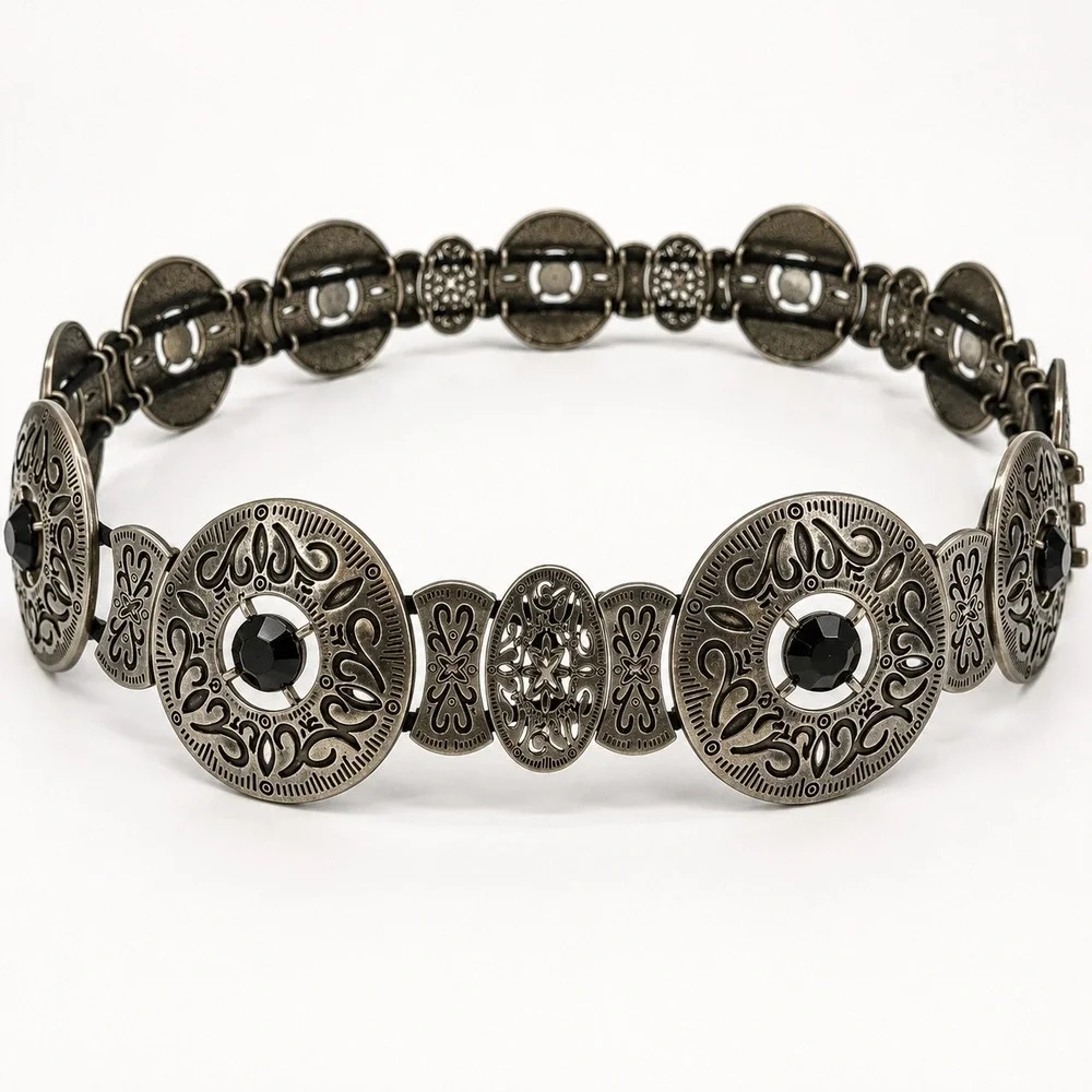 Vintage Y2K Silver Tone Concho Belt Black‎ Rhinestone Boho Western Festival 37